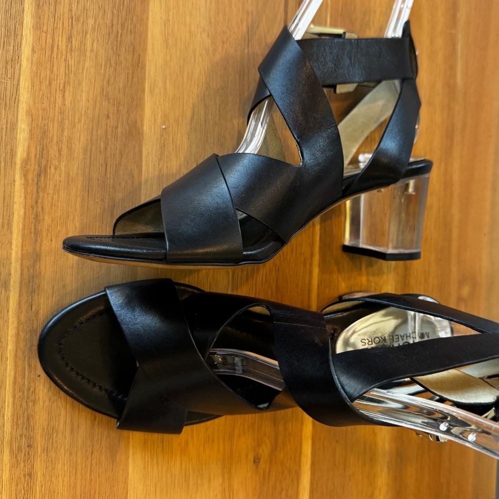 Michael Kors Women 7M Black Leather Strappy Sandals Clear Lucite Block Heel